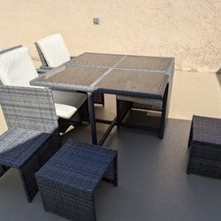 Patio Set Chair Table Dining Outdoor Exterior Cushion Gray Glass Foldable