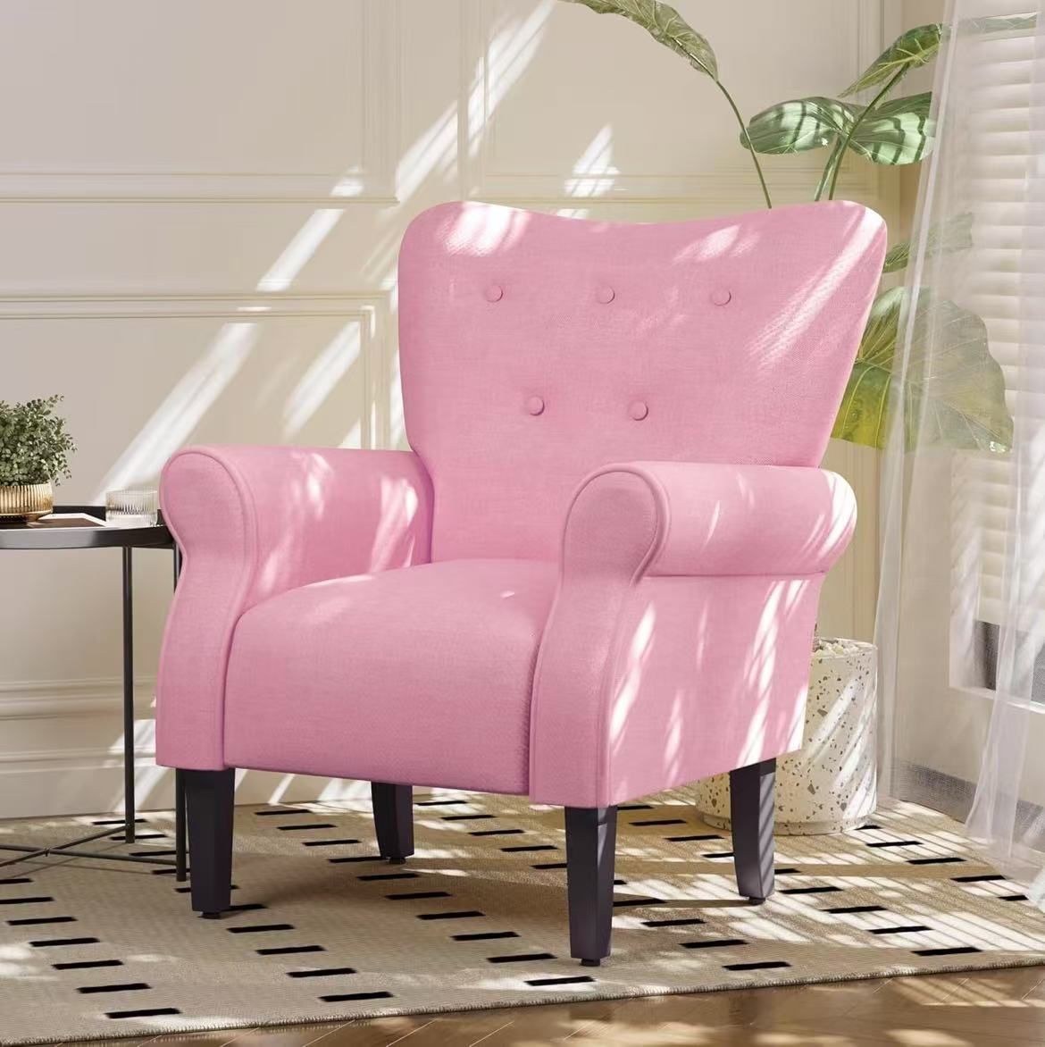 Mid Century Wingback Arm Chair,Modern Upholstered Fabric High Back Accent Chair with Wood Legs,Upholstered Single Sofa Club Chair for Living Room, Bed