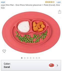 ezpz Mini Mat - One-Piece Silicone placemat + Plate (Coral), One Size 