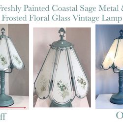 Freshly Painted Coastal Sage Metal & Frosted Floral Glass Vintage Lamp