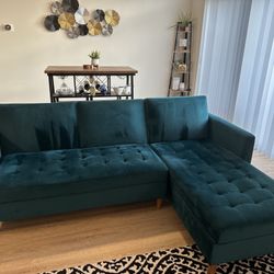 Teal Green Velvet L-Shaped Reversible Sleeper Sofa