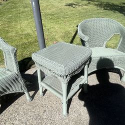 Wicker Rattan style arm chairs and side table - 3 piece furniture set