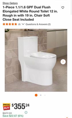 Shop Getpro 1-Piece 1.1/1.6 GPF Dual Flush Elongated White Round Toilet 12 in. Rough in with 19 in. Chair Soft Close Seat Included