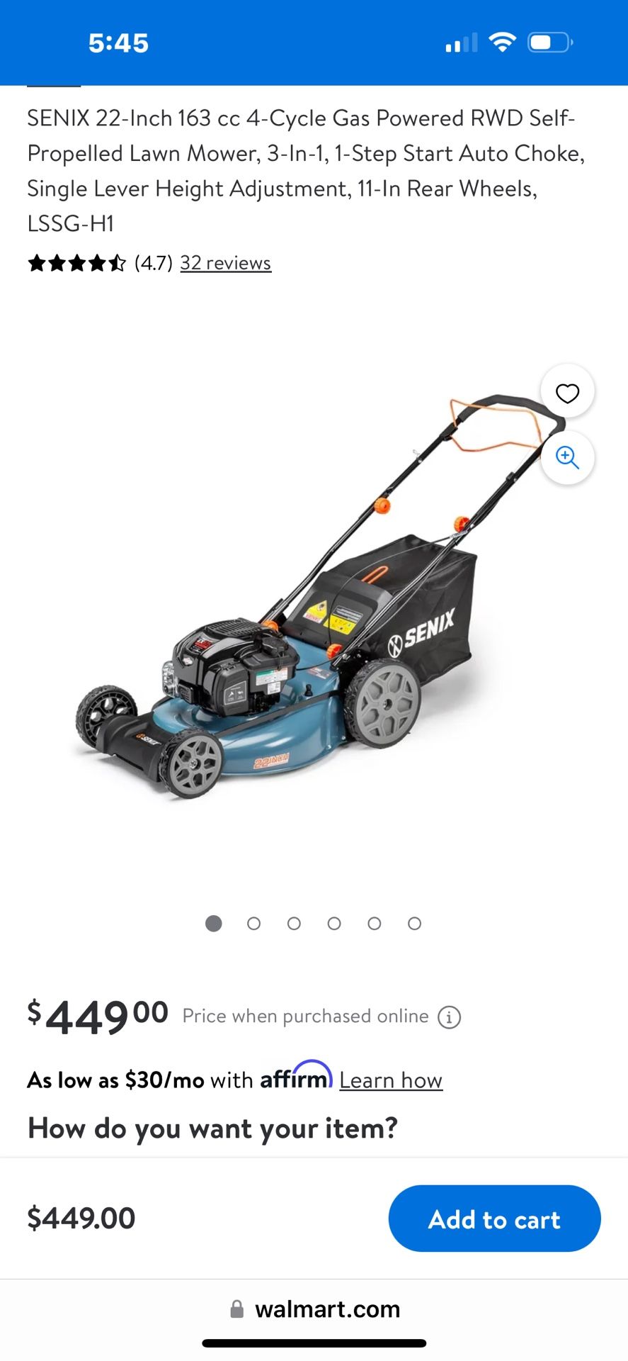 SENIX 22-Inch 163 cc 4-Cycle Gas Powered RWD Self-Propelled Lawn Mower, 3-In-1, 1-Step Start Auto Choke, Single Lever Height Adjustment, 11-In Rear W