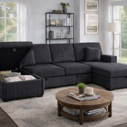 Oversized Corduroy Sofa Couch Sectional U Style Black or Gray