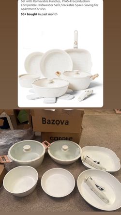 Bazova Pots and Pans Set Non Stick with Removable Handles, Ceramic Cookware Set, Large-Capacity & Non Toxic, Induction & RV Compatible, Dishwasher Saf