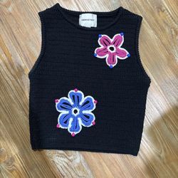 Industry Black Knit Crop Tank Colorful Crochet Flower Appliqué Y2K Top Sz Small