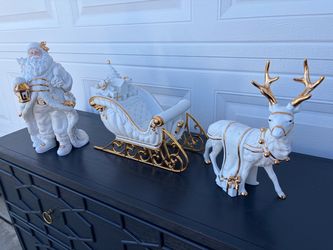 White and Gold Santa Sleigh Reindeer Figurine Set