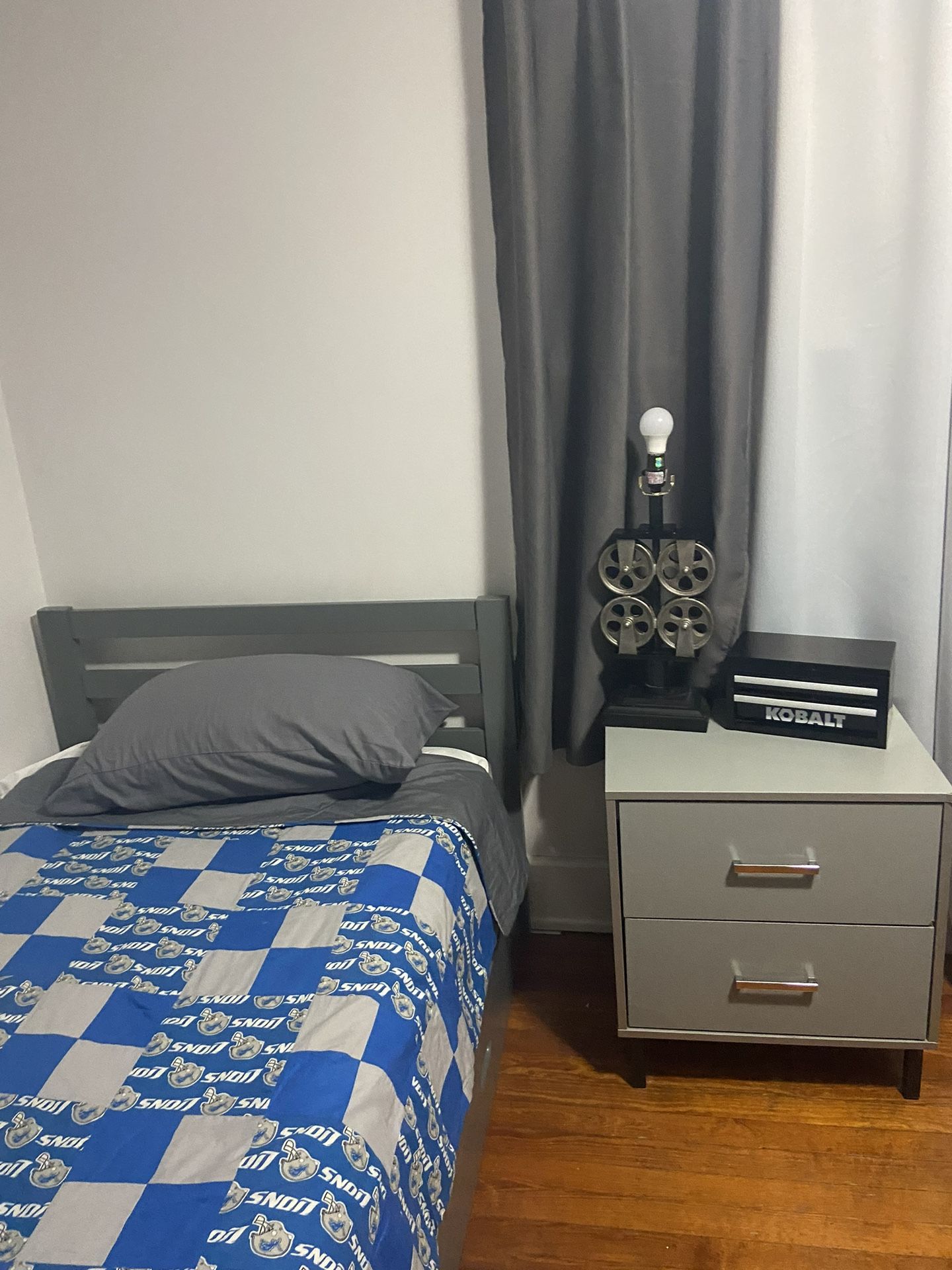 Twin Bed And Grey Night Stand 