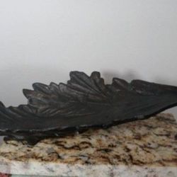 CAST IRON LEAF / TRAY SCULPTURE ON MARBLE STAND 14"×6" ×4"