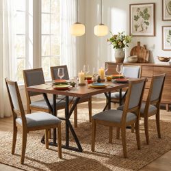 Homy Casa Leonard+Siget 7PC Dining Set 63" Table with 6 Charcoal Upholstered Chairs and Haze Wood Legs