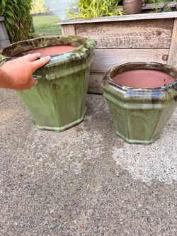 Green Glazed Ceramic Planters Set of 2