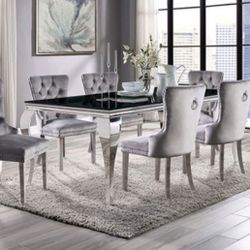 Brand New Glam Black Chrome Stainless Steel, Tempered Glass 7pc Dining Table Set