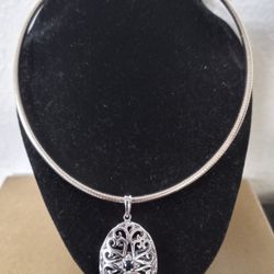 Sterling Silver OMEGA Necklace & Sapphire Diamond Locket Pendant 