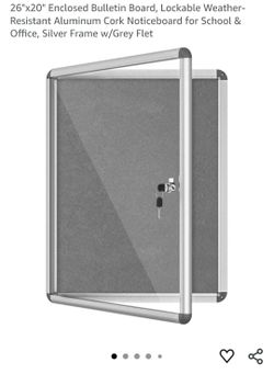 26"x20" Enclosed Bulletin Board, Lockable Weather-Resistant Aluminum Cork Noticeboard for School & Office, Silver Frame w/Grey Flet