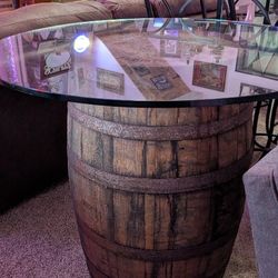 
Perfect Father's Day Gift! Glass top whiskey barrel table with 4 bar height stools