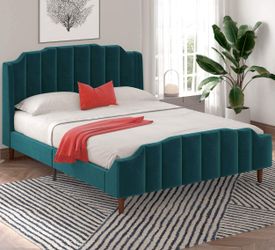 Modern Queen Curved Wood Bed Frame with Upholstered Wingback Headboard
