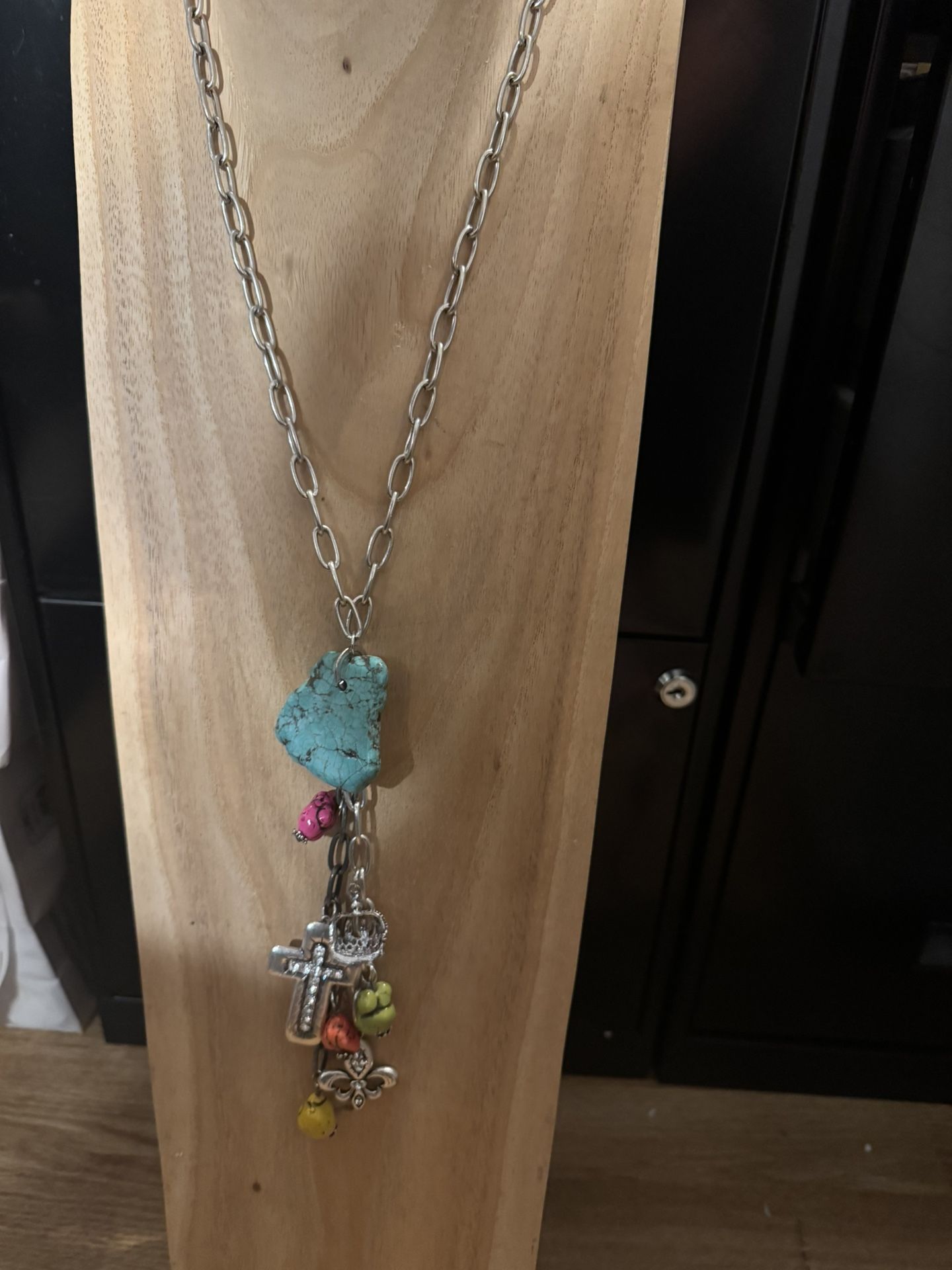 Unique silver-toned chunky chain necklace with stones and charms