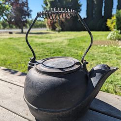Antique Cast Iron Kettle with Coiled Handle - Vintage Rustic Kitchen Decor - Rusted Inside