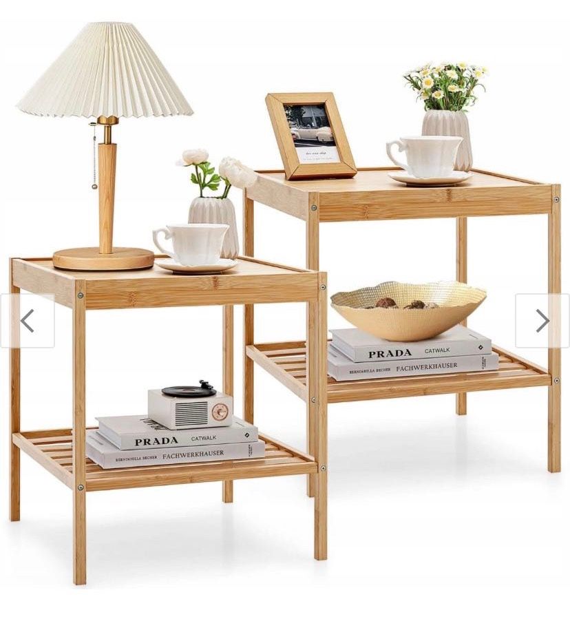 costway Bamboo Nightstand Set of 2, End Table with Lower Storage Shelf, 2-pcs Sofa Side Table for Small Space, Multipurpose Bedside Table for Home Off