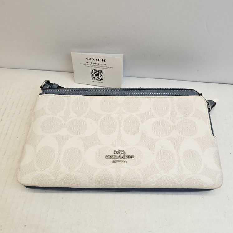 Coach Women’s Double Zip Pebbled Leather Wallet – Blue & White – Classic Coach Style – RFID Card Slots