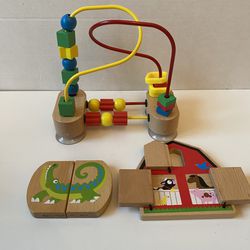 3 Melissa & Doug Wood Baby Toys: Bead Maze, Slide & Seek Safari, Peek a Boo Farm