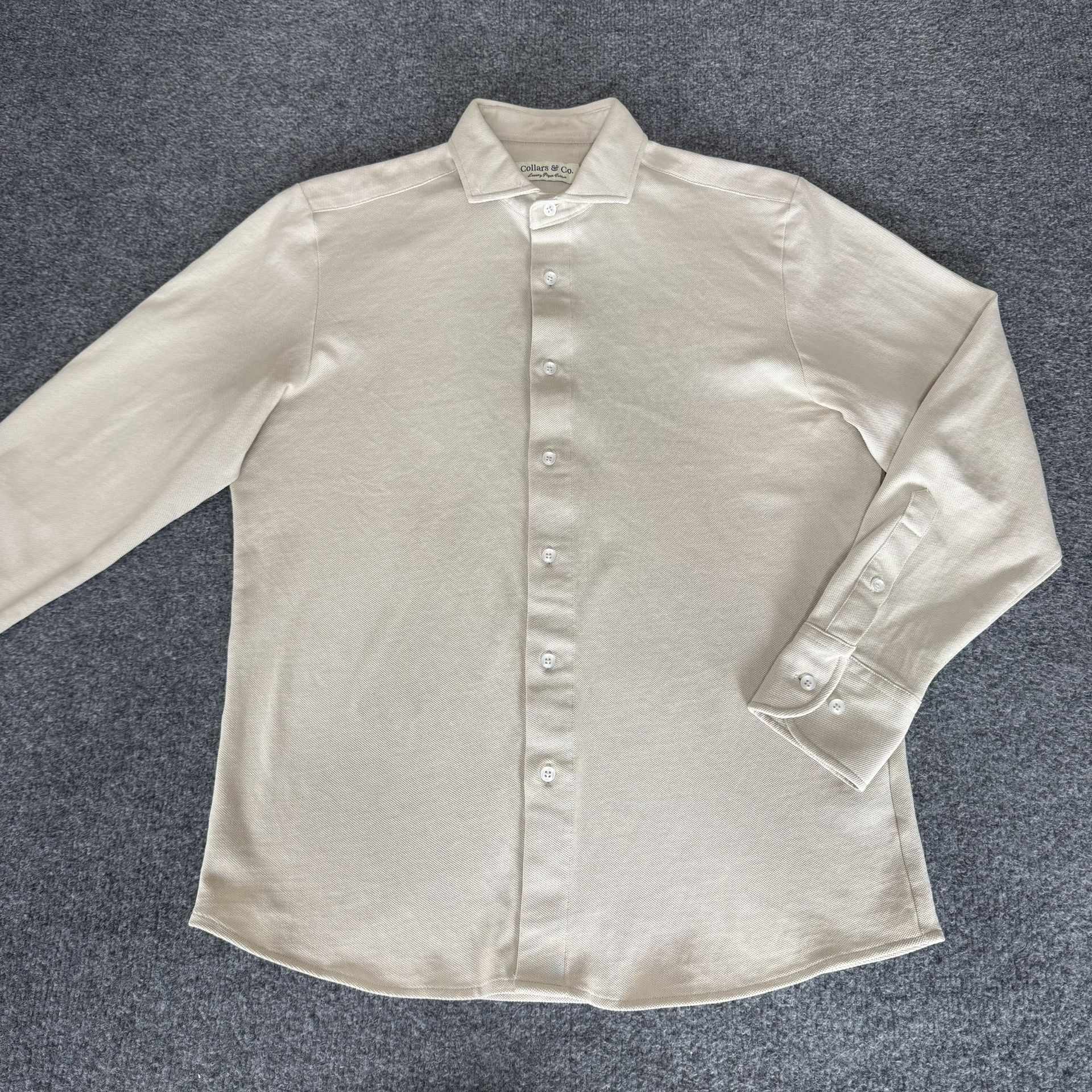 Collars & Co Shirt Mens M Beige Luxury Pique Cotton Long Sleeve Button Up Casual