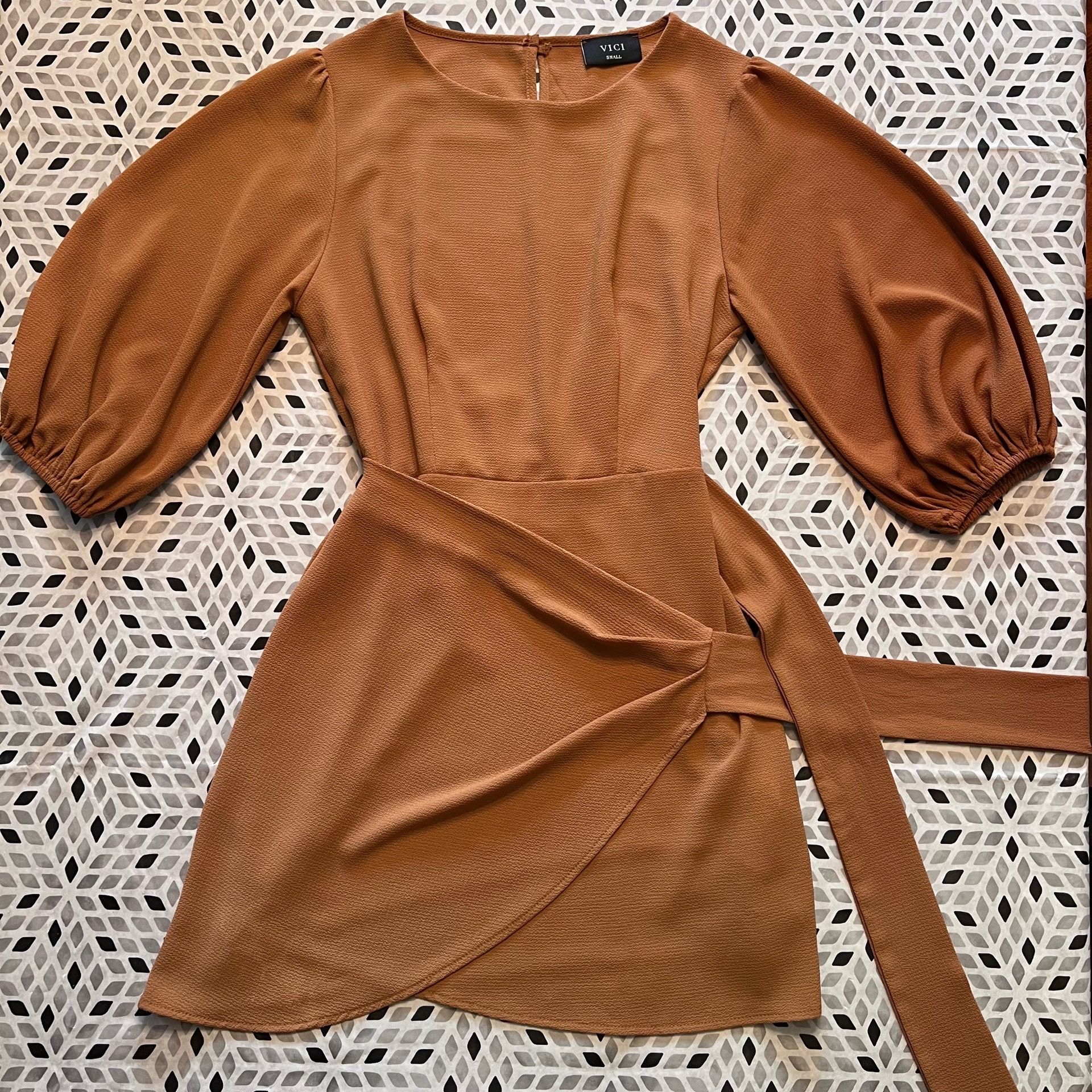 VICI Terracotta Puff Long Sleeve Faux Wrap Mini Dress