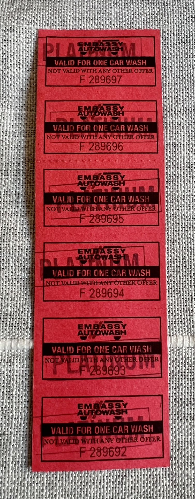 Embassy Car Wash Tickets (platinum)