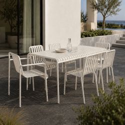 7-Pc Outdoor Patio "Palissade" White Powder Coated Steel Dining Set:  Table / 4 Side Chairs / 2 Armchairs (by DWR) [NEW]   **NO Assembly Req