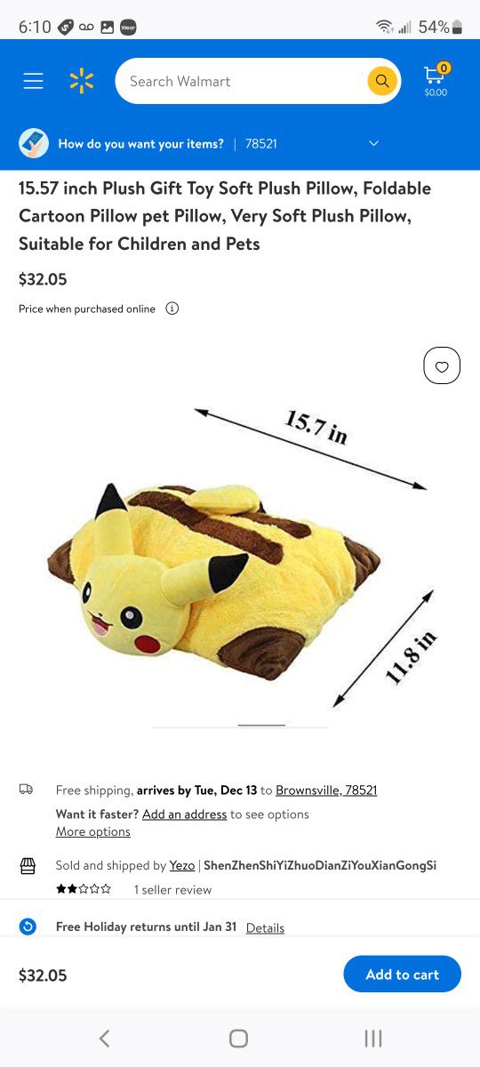 15.57 inch Plush Gift Toy Soft Plush Pillow, Foldable Cartoon Pillow pet Pillow, Very Soft Plush Pillow, Suitable for Children/Pets Pokemon Pikachu 