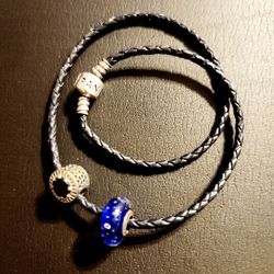 PANDORA NAVY Leather Double Wrap Bracelet - 14.5” NEW 2 Charms Blue Silver 9.25 Clasp