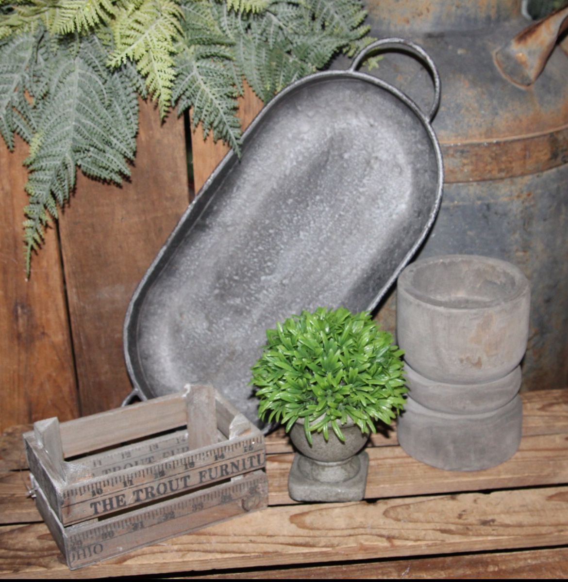 Rustic Gray Washed Farmhouse Wood Crate Candle Holder Topiary & Tray