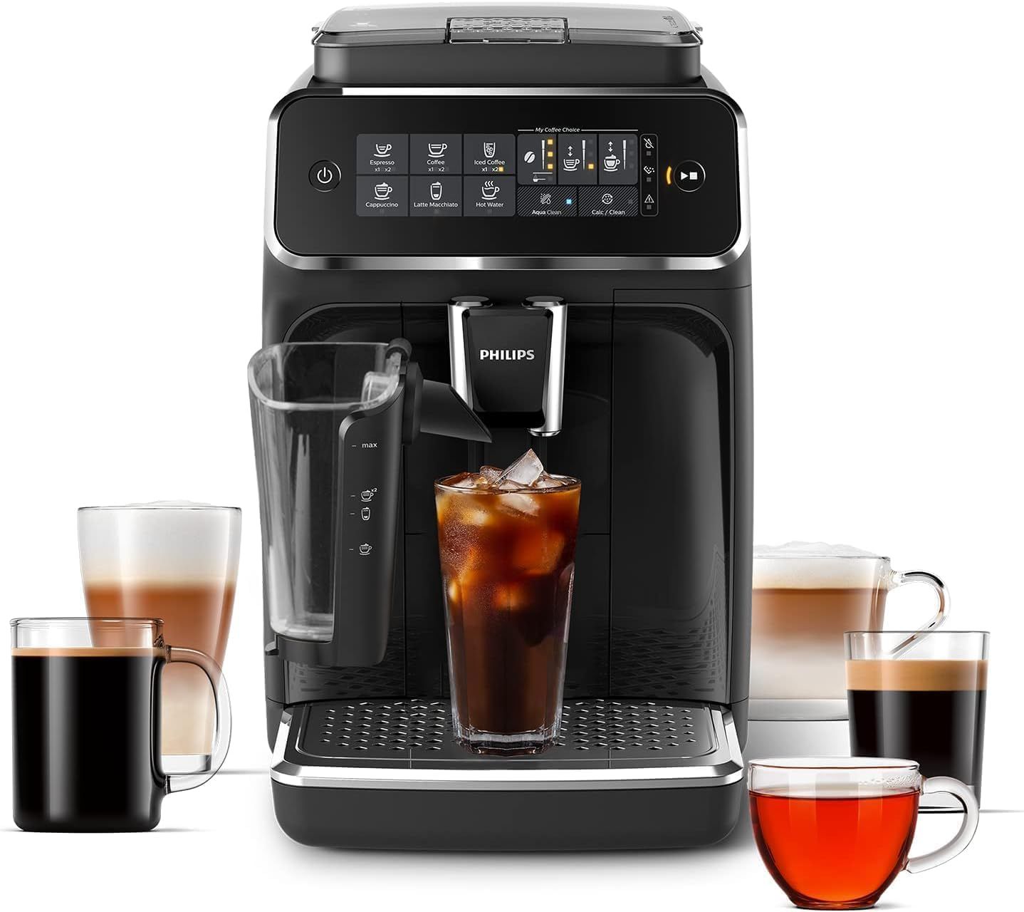 Philips 3200 Series Fully Automatic Espresso Machine - LatteGo Milk Frother & Iced Coffee, 5 Coffee Varieties, Intuitive Touch Display, Black, (EP3241