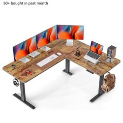 L Shaped Standing Desk Adjustable Height, 63 Inch Electric Stand up Corner Computer Desk, Sit Stand Home Office Desk with Splice Board, Rustic Brown T