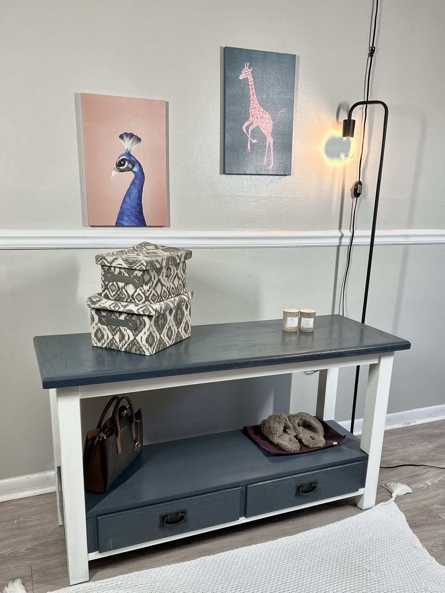 Solid Oak Wood Modern Two-Tone Entryway Console / TV Stand - White & Navy Gray