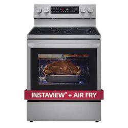 LG  InstaView AirFry 30-in Smooth Surface 5 Elements 6.3-cu ft Self-Cleaning Air Fry Convection Oven Freestanding Electric Range (Printproof Black Sta