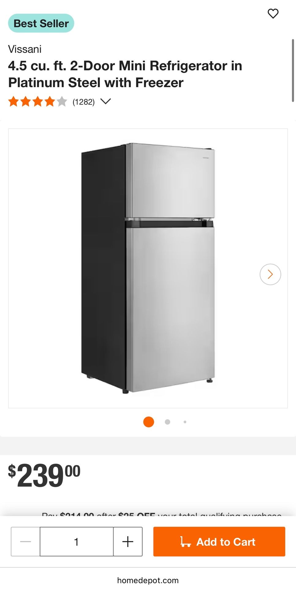 Vissani 4.5 cu. ft. 2-Door Mini Refrigerator in Platinum Steel with Freezer
