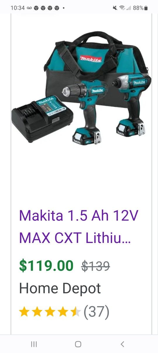 Makita 12v 1.5ah Drill (FD09) & Impact (DT03) with charger and Case $90