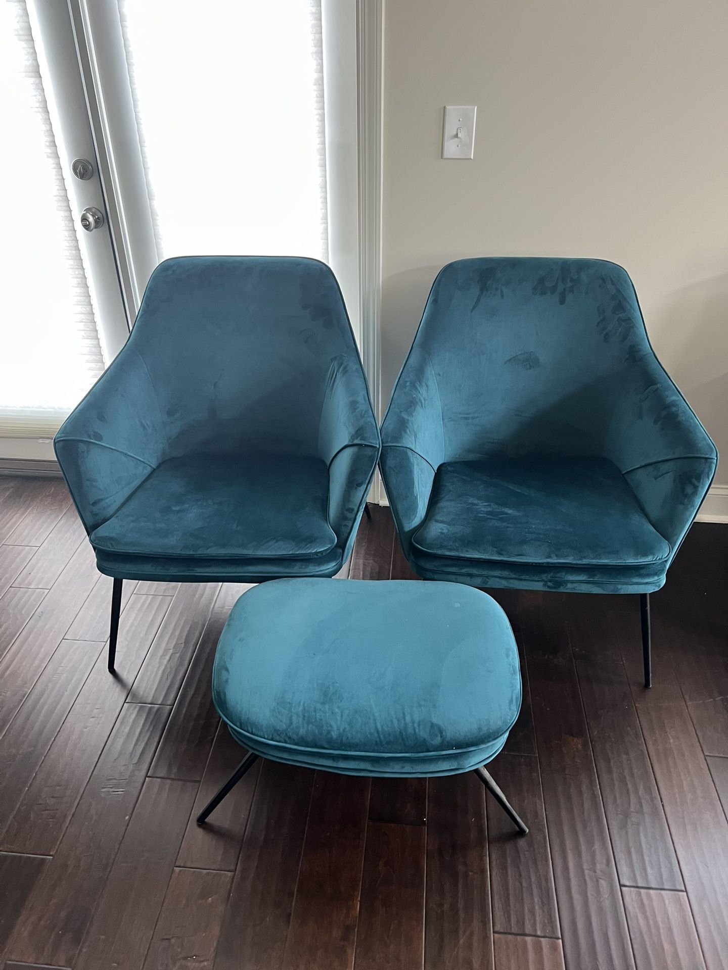 Two Teal Chairs W/ Ottoman