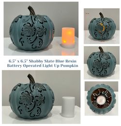 6.5” x 6.5” Shabby Slate Blue Resin Battery Operated Light Up Pumpkin