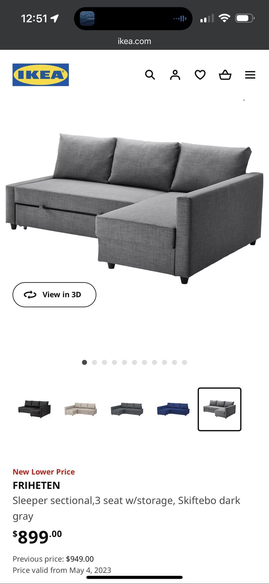 Ikea Sleeper sectional,3 seat w/storage, Skiftebo dark gray