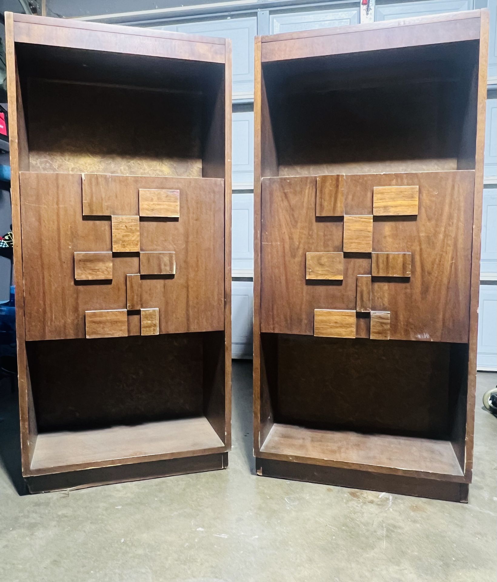 Two Lane Staccato Brutalist Mid Century Drop Down Bar Cabinets