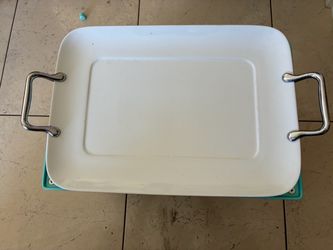 White Ceramic Baking Dish with Chrome Handles