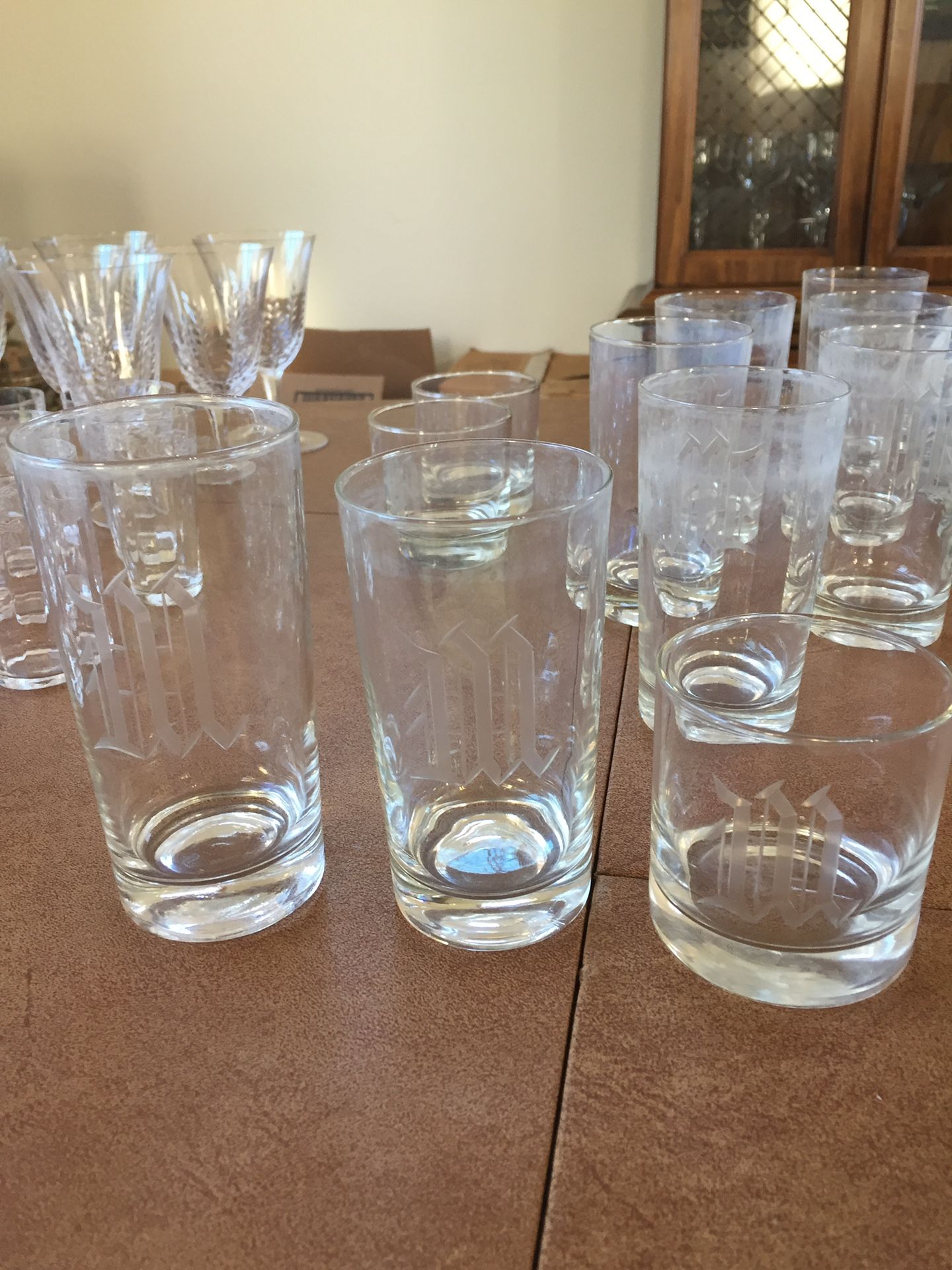 Seven Short & 12 Tall “W” Etched Glasses