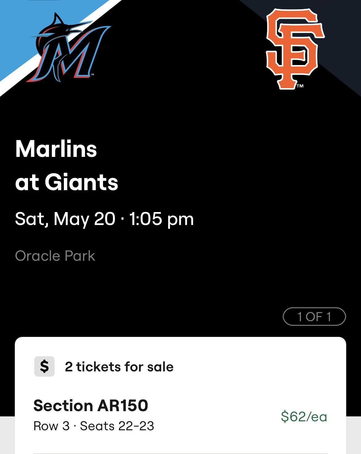 2 Tickets Giants Vs marlins Bobblehead Night