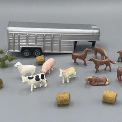 Miniature Farm Animal Playset with Silver Trailer