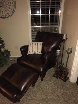 Beautiful Soft Brown Leather a Chair & Ottoman with Wood accents