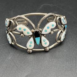 Vintage ZUNI Sterling Silver Triple Butterfly  Multi-stone Inlay  Cuff Bracelet
