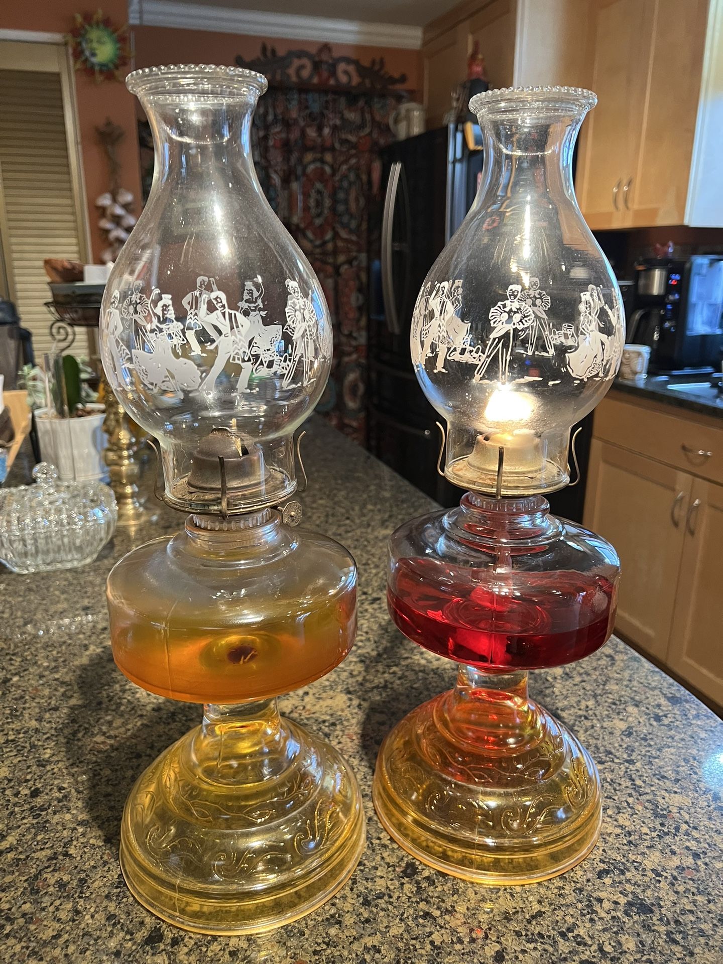 Vintage Footed Glass Oil Lamps Set Of 2
